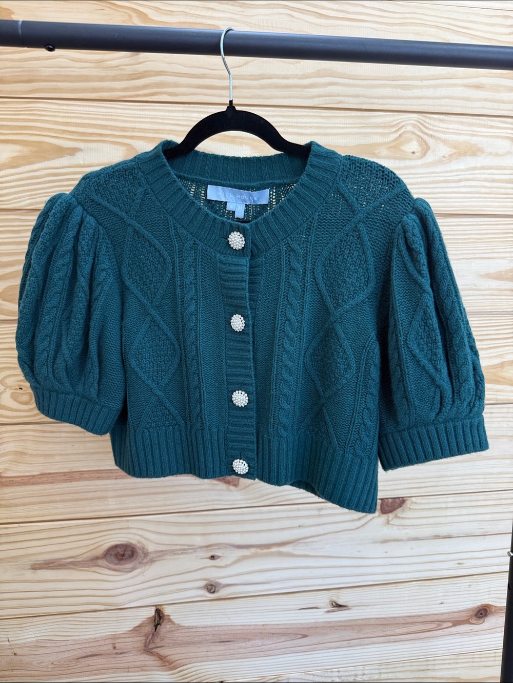 Hill House Cropped Dark Emerald Green Cable Knit Puff-Sleeve Sweater Cardigan